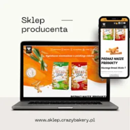 Laptop i smartfon prezentujące stronę sklepu internetowego z przekąskami Bread Sticks, widoczne opakowania produktów i adres strony internetowej.