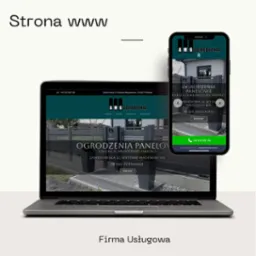 Prezentacja responsywnej strony internetowej na laptopie i smartfonie, z ciemnozielonym motywem i zdjęciami ogrodzeń panelowych firmy AMG Ogrodzenia, z widocznymi danymi kontaktowymi i adresem.