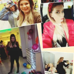 Kolaż zdjęć z animacji dla dzieci: animatorzy w kostiumach pluszowych zwierząt, dzieci z balonami, kobieta w czerwonej marynarce i kobieta robiąca selfie w łazience.