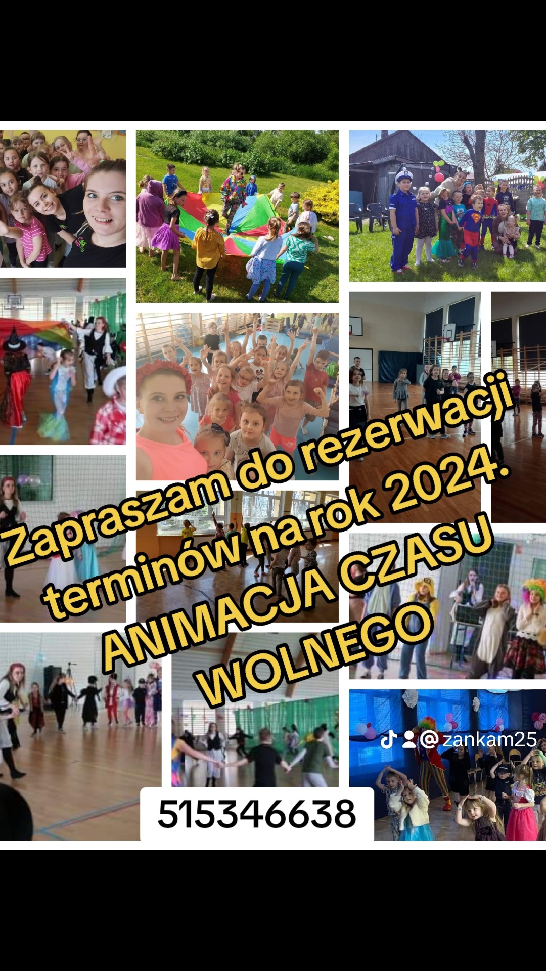 Mozaika zdjęć z animacji dla dzieci: zabawy z chustą animacyjną na trawie, grupowe zdjęcia z animatorką, dzieci przebrane w kostiumy, sala gimnastyczna z animacjami, zaproszenie do rezerwacji...