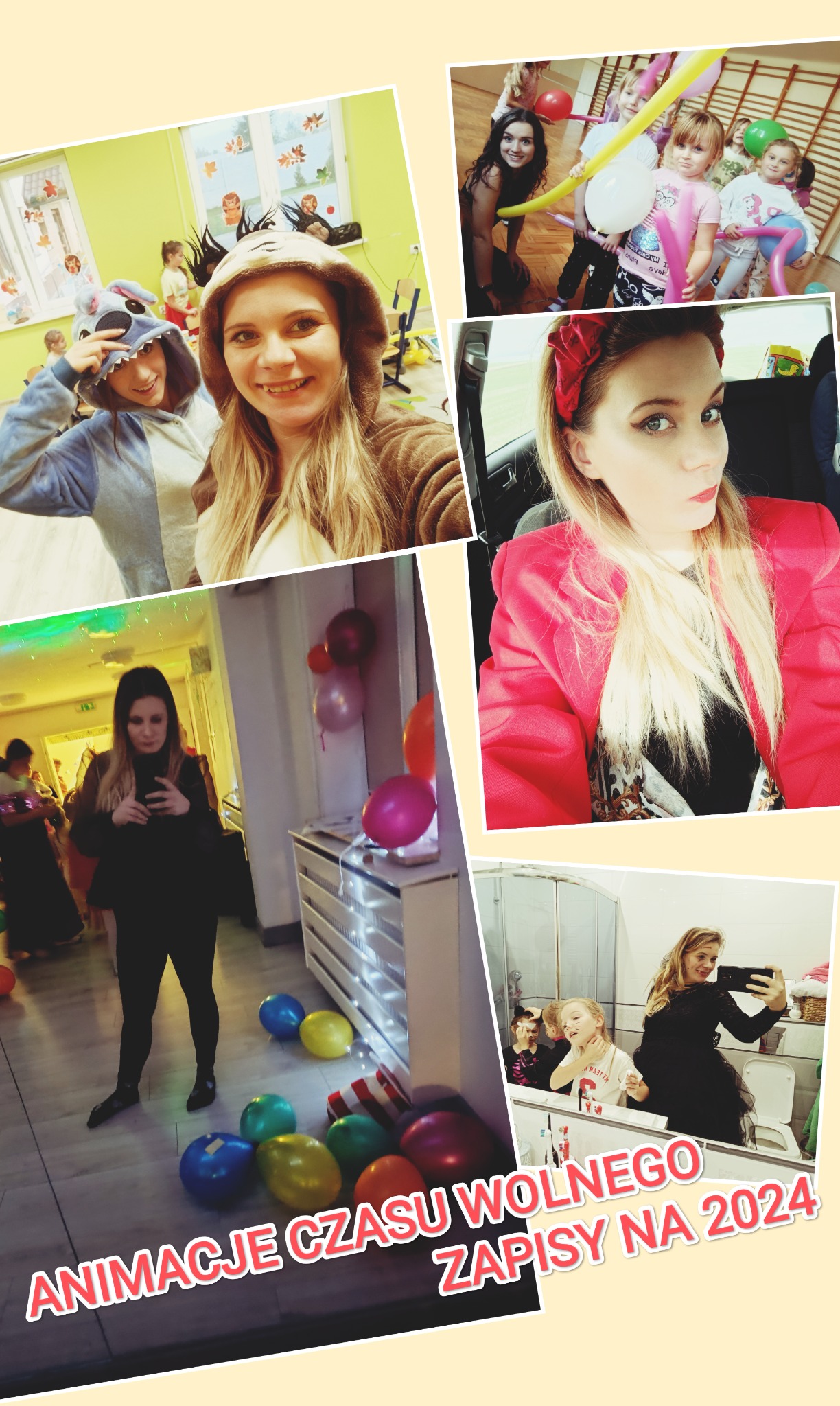 Kolaż zdjęć z animacji dla dzieci: animatorzy w kostiumach pluszowych zwierząt, dzieci z balonami, kobieta w czerwonej marynarce i kobieta robiąca selfie w łazience.