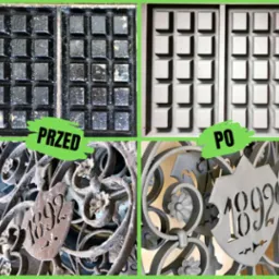 Porównanie przed i po: metalowa krata okienna i ozdobna brama z roku 1892, ukazujące efekty usunięcia rdzy i ponownego malowania na szaro.