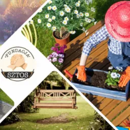 Mozaika zdjęć przedstawiających usługi ogrodnicze: wypielęgnowany ogród z kwiatami w słoneczny dzień, pracownik koszący trawnik kosiarką, drewniana huśtawka ogrodowa oraz kobieta w kaloszach...