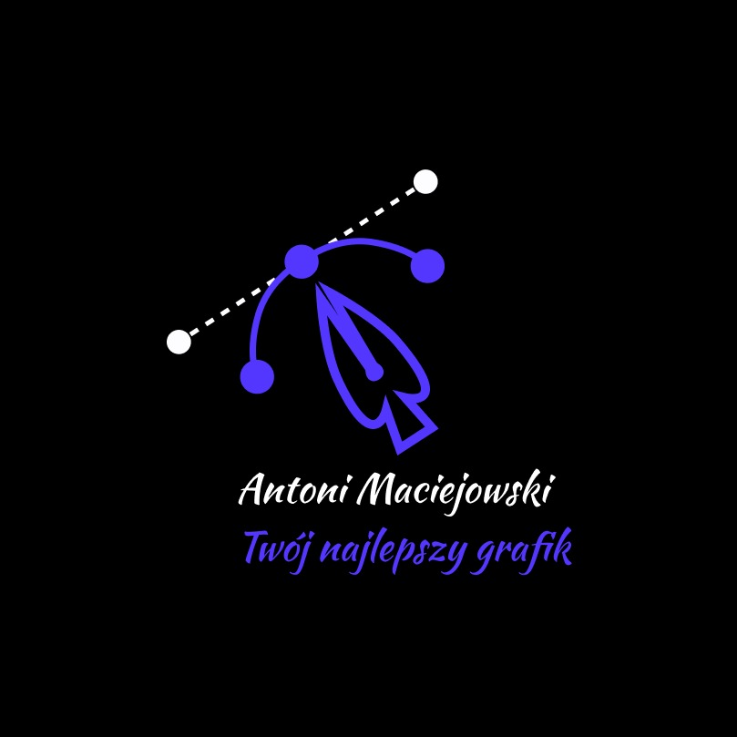 Logo grafika Antoni Maciejowski przedstawiające stylizowany kursor w kształcie pióra z punktami kontrolnymi na czarnym tle.