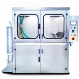 Profesjonalna, przemysłowa myjka ciśnieniowa ze stali nierdzewnej z przezroczystymi drzwiami, widocznymi wężami i panelem sterowania z przyciskiem awaryjnym.