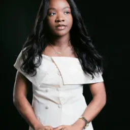 Portret młodej kobiety z ciemnymi włosami w kremowej sukience, pozującej na czarnym tle, z dłońmi opartymi na krześle, widoczna biżuteria: naszyjnik, pierścionki i zegarek.