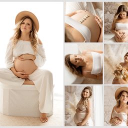 Ewelina Kwiatek- Fotografia - Kolaż zdjęć kobiety w ciąży: portret w kapeluszu, zbliżenie na brzuch z literami 'HANIA', serce uformowane z dłoni na brzuchu, leżąca kobieta w bieli i ujęcie z bukietem suszonych kwiatów.