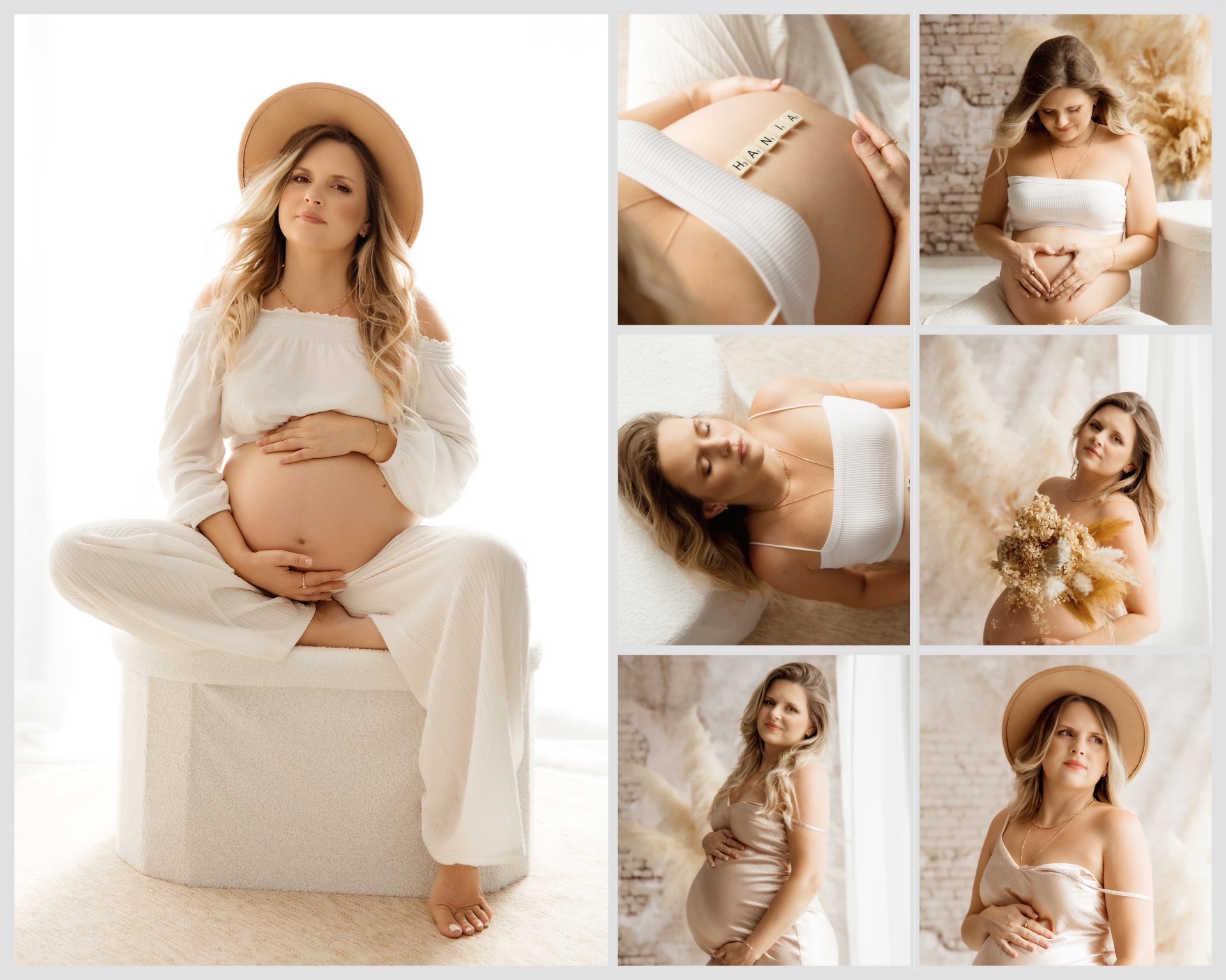 Kolaż zdjęć kobiety w ciąży: portret w kapeluszu, zbliżenie na brzuch z literami 'HANIA', serce uformowane z dłoni na brzuchu, leżąca kobieta w bieli i ujęcie z bukietem suszonych kwiatów.