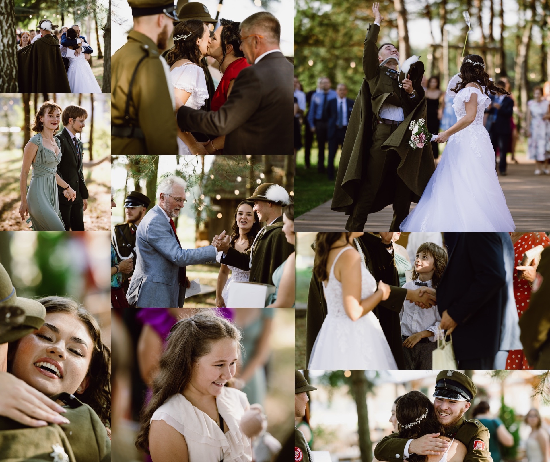 Kolaż ze zdjęć z uroczystości ślubnej: para młoda w tradycyjnych strojach myśliwskich, goście weselni, gratulacje i uściski w plenerowej scenerii z elementami leśnymi i dekoracyjnym oświetleniem.