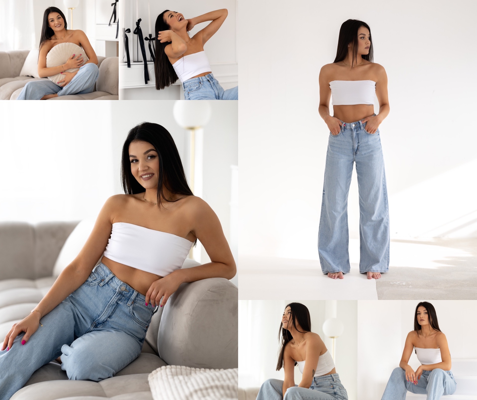 Kolaż portretowy młodej kobiety w białym topie i szerokich jeansach, prezentujący różne pozy i ujęcia w jasnym, minimalistycznym wnętrzu.