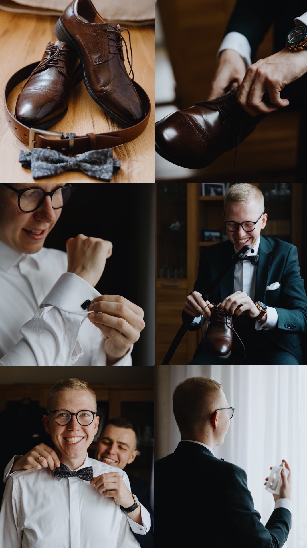 Kolaż z przygotowań pana młodego: buty, pasek, mucha, zapinanie mankietów, wiązanie butów, poprawianie muchy i używanie perfum. Detale i emocje w dniu ślubu.
