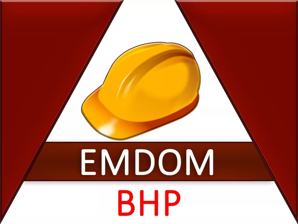 Stylizowana grafika: żółty kask budowlany, napis 'EMDOM' na brązowym tle, poniżej czerwony napis 'BHP', całość na białym tle z bordowymi elementami w rogach.