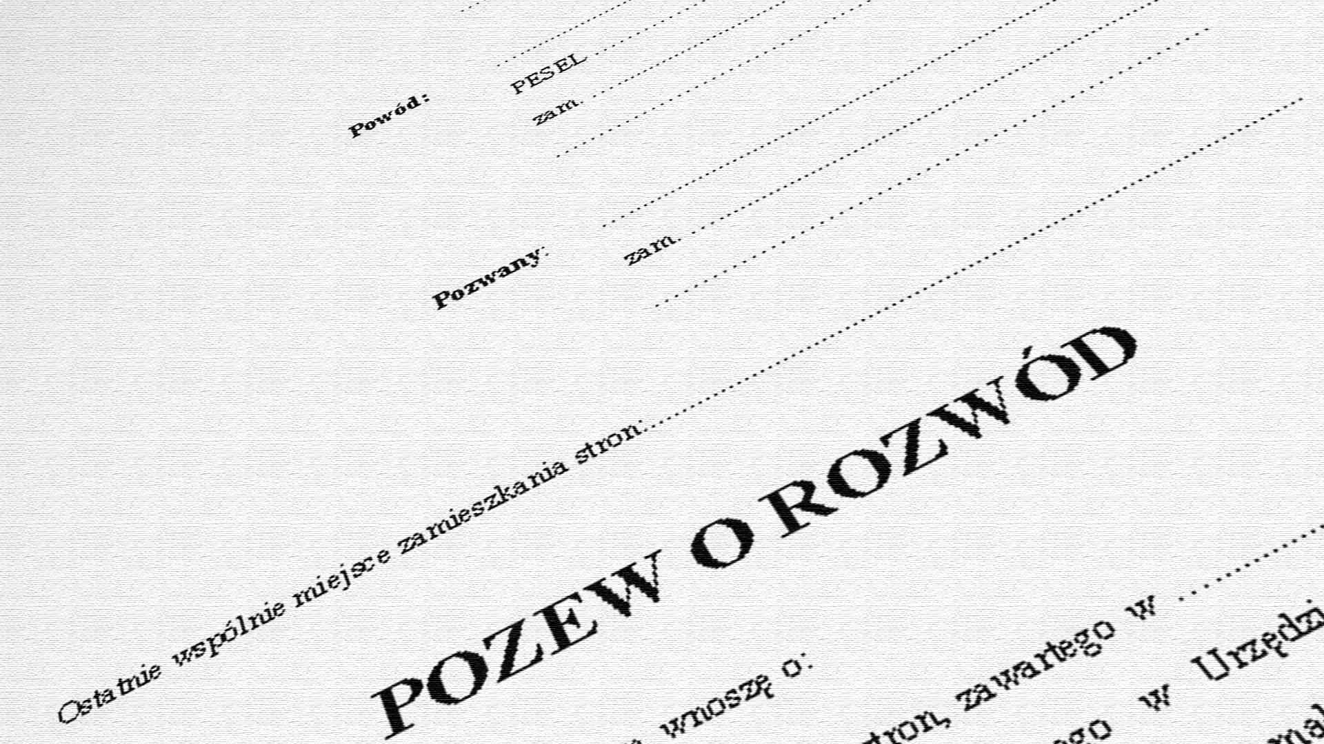 Fragment dokumentu: Pozew o rozwód, z polami do wypełnienia danymi osobowymi stron.