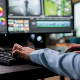 Dłonie osoby piszącej na klawiaturze komputera z dwoma monitorami wyświetlającymi oprogramowanie do edycji wideo z paletą kolorów i sekwencją klatek, obok stoi turkusowy kubek.