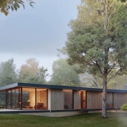 Michal Jach Architekt - Nowoczesny parterowy dom z płaskim dachem i dużymi przeszkleniami, otoczony zielenią i mgłą.