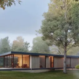 Nowoczesny parterowy dom z płaskim dachem i dużymi przeszkleniami, otoczony zielenią i mgłą.