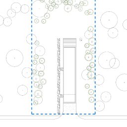 Michal Jach Architekt - Plan zagospodarowania terenu z widokiem z góry na budynek, zieleń i elementami małej architektury, otoczony niebieską linią.