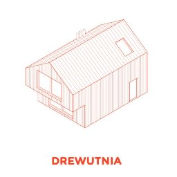 Michal Jach Architekt - Izometryczny rysunek techniczny domu z drewna z napisem 'DREWUTNIA' w kolorze ceglastym.