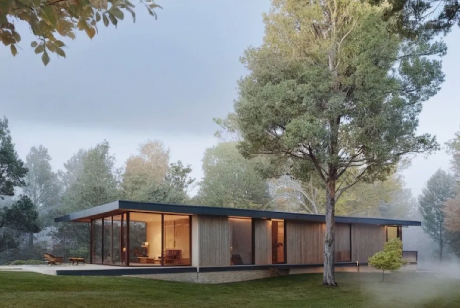 Nowoczesny parterowy dom z płaskim dachem i dużymi przeszkleniami, otoczony zielenią i mgłą.