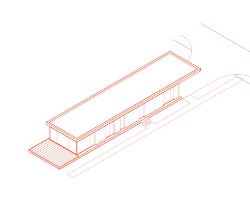 Izometryczny rysunek techniczny domu jednorodzinnego z płaskim dachem i dużymi przeszkleniami, widoczny taras z desek.