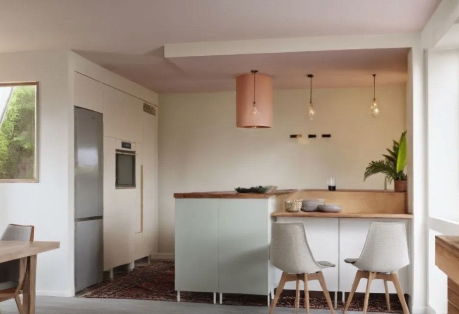 Jasna kuchnia z wyspą i dwoma krzesłami w stylu skandynawskim, różowy sufit, minimalistyczne lampy wiszące i roślina doniczkowa.