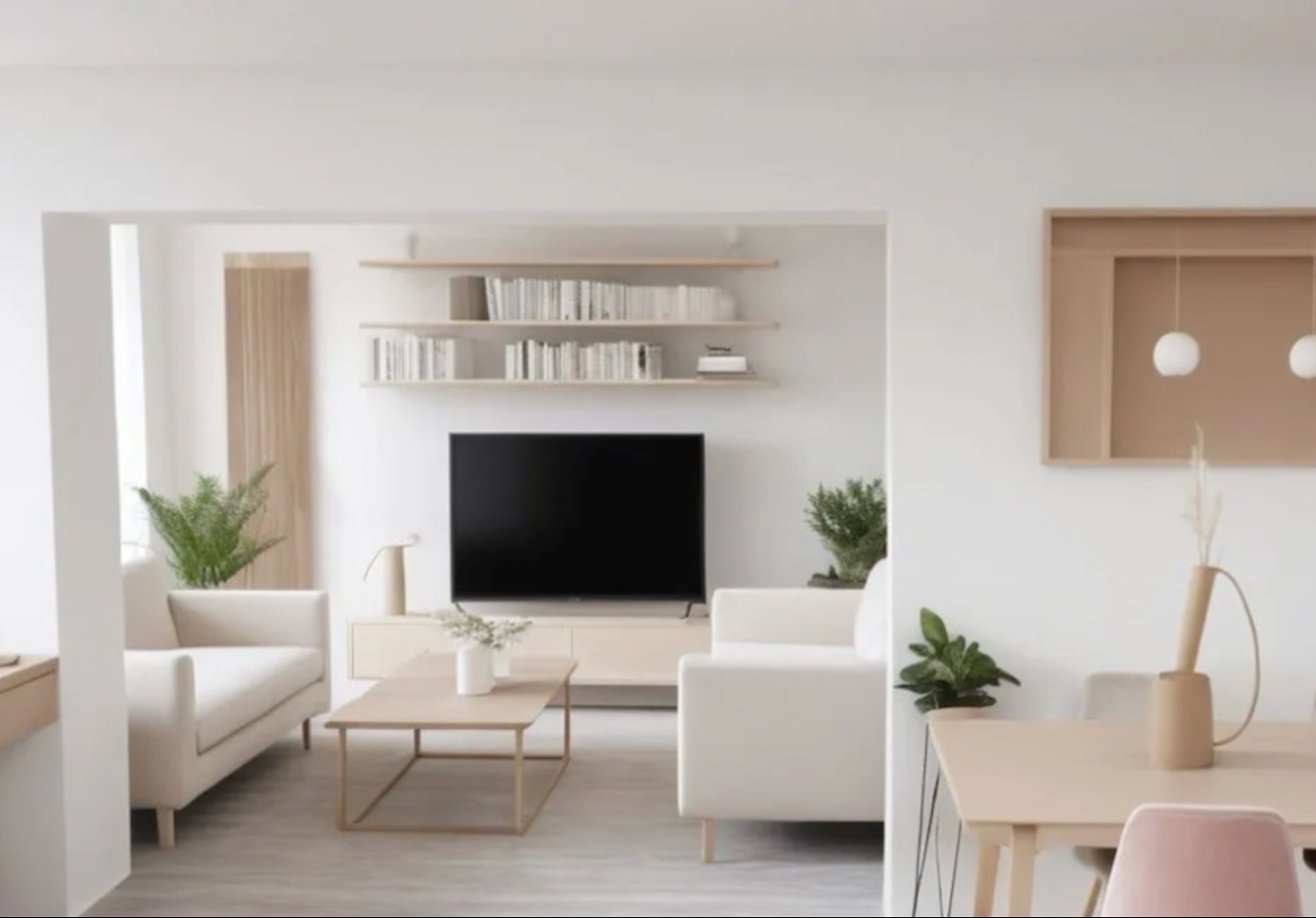 Jasne, minimalistyczne wnętrze salonu z telewizorem, półkami z książkami, kremowymi sofami i drewnianym stolikiem kawowym.
