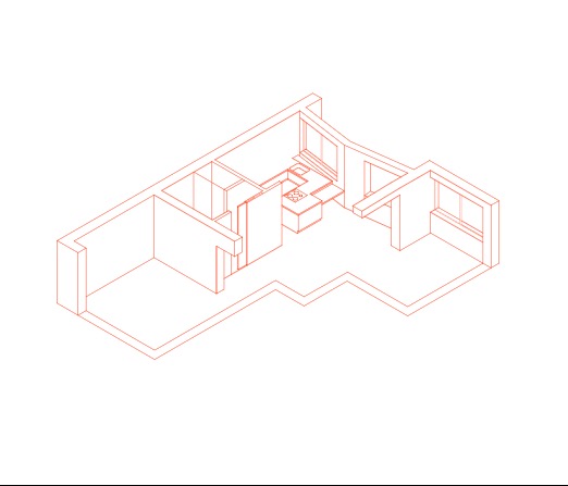 Izometryczny plan mieszkania z otwartą kuchnią i łazienką, narysowany cienką czerwoną linią na białym tle.