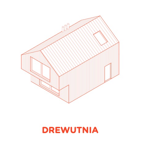 Izometryczny rysunek techniczny domu z drewna z napisem 'DREWUTNIA' w kolorze ceglastym.