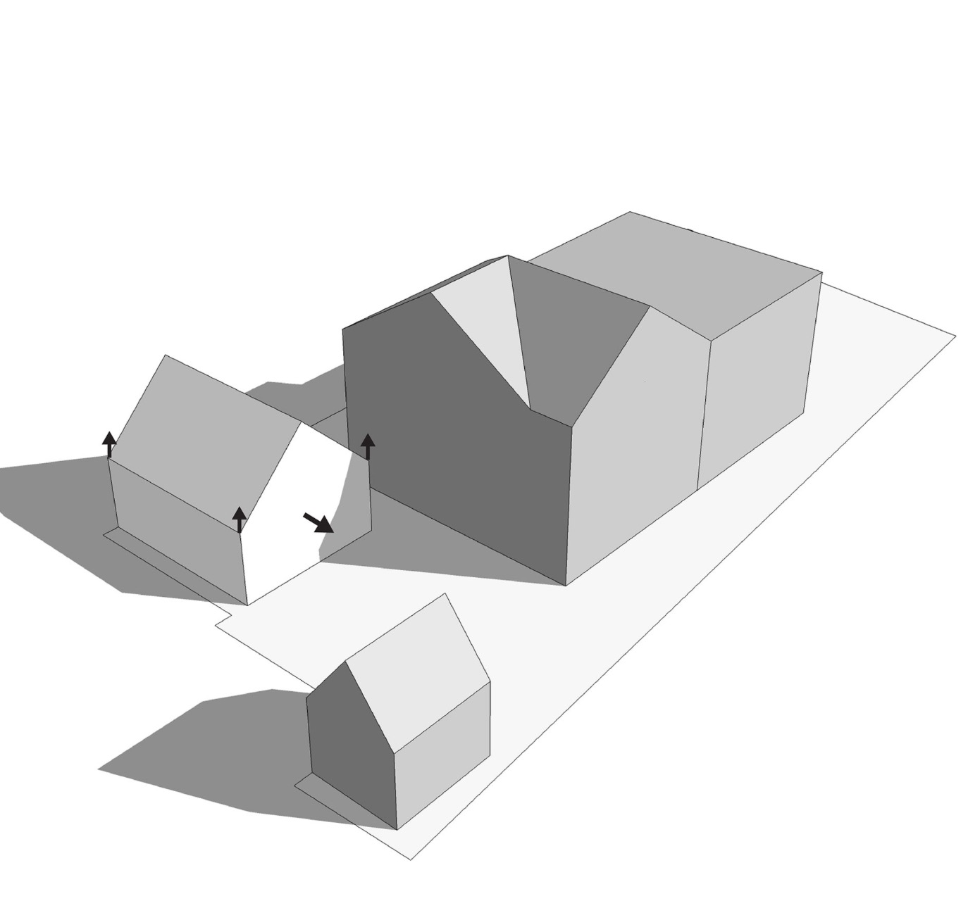 Schematyczny, szary model 3D zespołu budynków z zaznaczonymi strzałkami kierunkami zmian wysokości poszczególnych elementów.