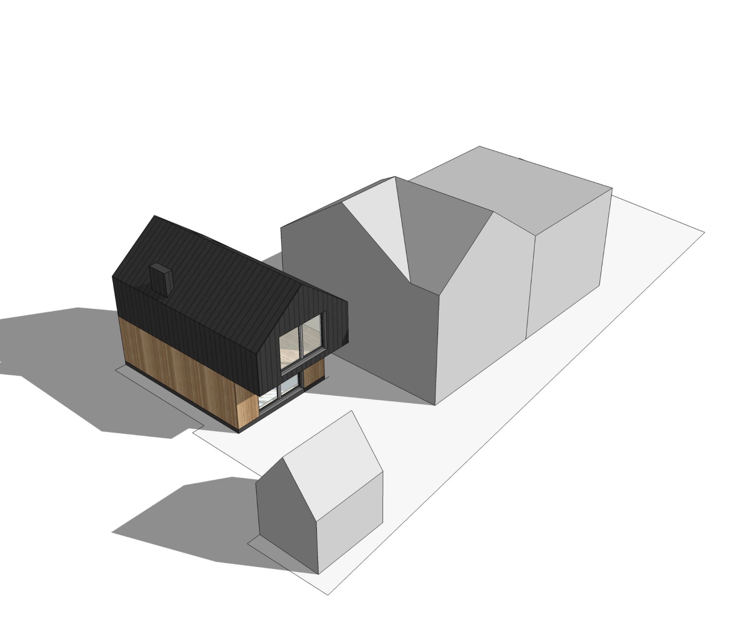 Wizualizacja 3D nowoczesnego domu z czarnym dachem i drewnianą elewacją, otoczona uproszczonymi modelami innych budynków na białym tle.