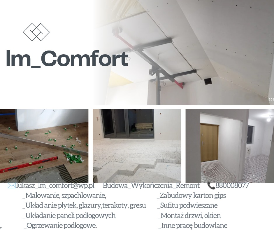 Wnętrze w trakcie prac wykończeniowych: montaż sufitu podwieszanego z użyciem specjalistycznego stelaża, układanie paneli podłogowych z użyciem poziomicy i klinów dystansowych, w tle widoczny...