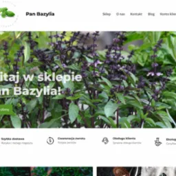 Strona główna sklepu internetowego z bazylią, z nagłówkiem z logo i menu nawigacyjnym, oraz banerem z roślinami bazylii i napisem 'Witaj w sklepie Pan Bazylia!'