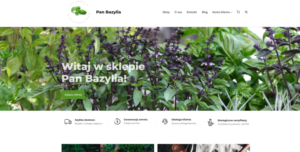 Strona główna sklepu internetowego z bazylią, z nagłówkiem z logo i menu nawigacyjnym, oraz banerem z roślinami bazylii i napisem 'Witaj w sklepie Pan Bazylia!'
