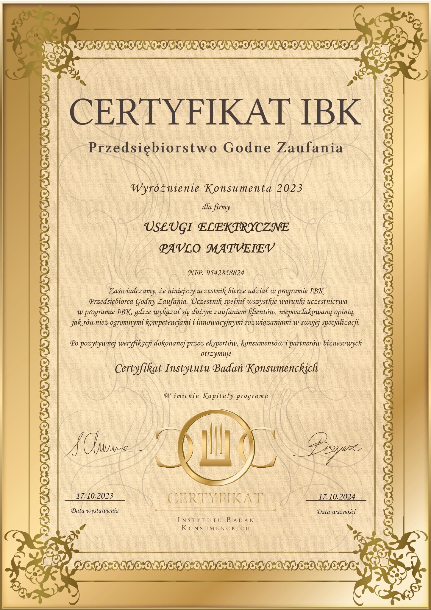 Zeskanowany certyfikat 'Przedsiębiorstwo Godne Zaufania' Instytutu Badań Konsumenckich dla firmy 'Usługi Elektryczne Pavlo Matveiev', z datą ważności 17.10.2024, ozdobiony złotymi ornamentami.