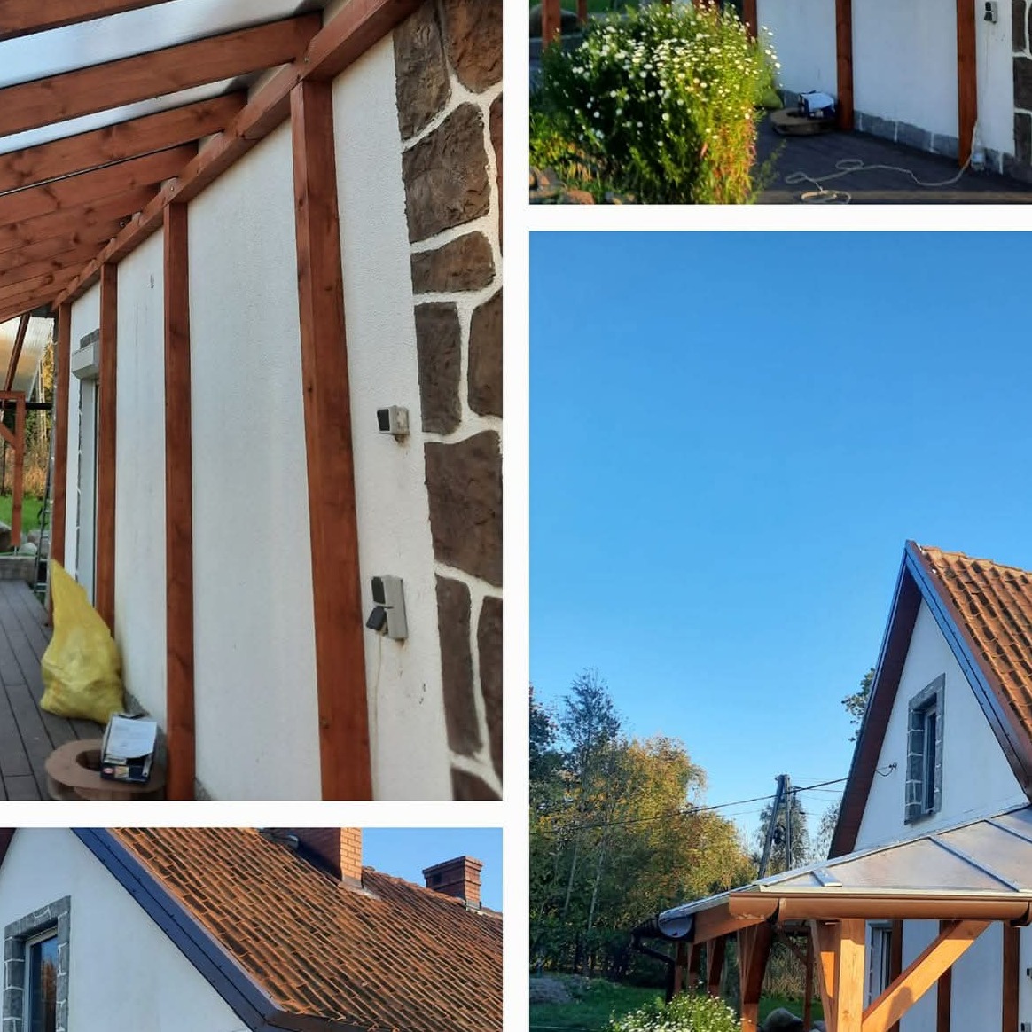 Wykończona elewacja domu z elementami dekoracyjnymi z kamienia i drewnianą konstrukcją zadaszenia tarasu. Widok na dach z brązową dachówką i błękitne niebo.