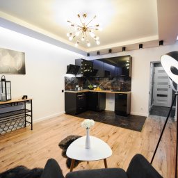 Antal Polska Konrad Kucharczyk - Nowoczesne wnętrze: czarna, błyszcząca zabudowa kuchenna z marmurowym blatem i backsplash, oświetlenie punktowe, drewniana podłoga, ceglana ściana z lampą na trójnogu, stolik kawowy z kwiatami...