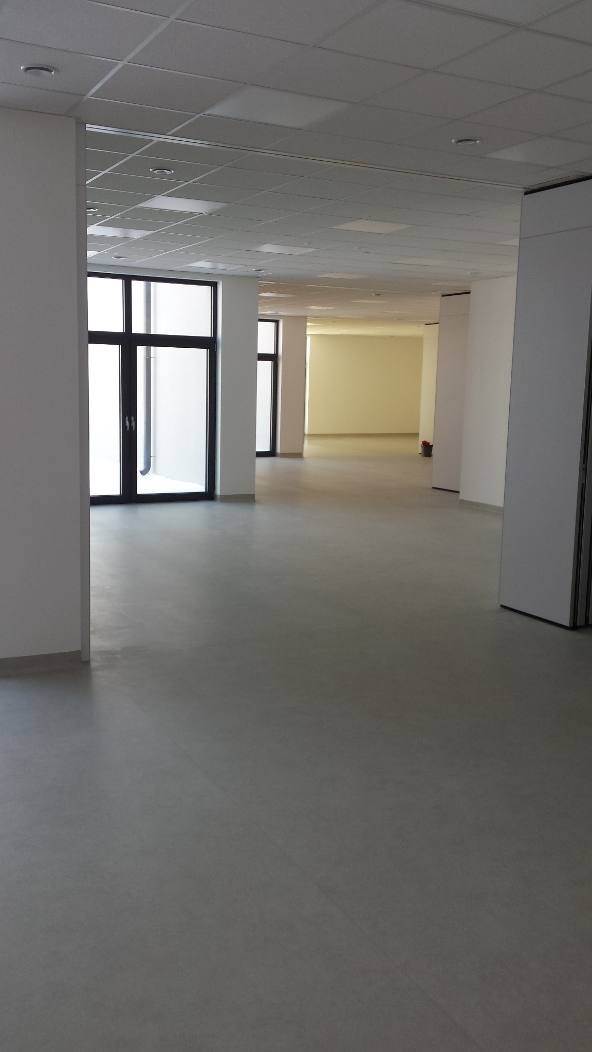 Puste, jasne biuro z szarą podłogą, białymi ścianami i sufitem kasetonowym, widoczne czarne ramy okienne i drzwi, przygotowane do aranżacji.