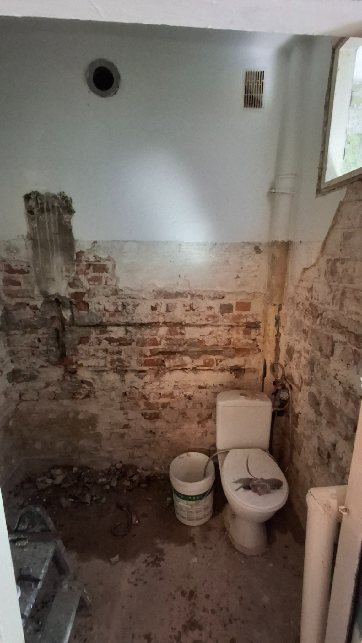 Łazienka w trakcie remontu: odsłonięta cegła, fragmenty starego tynku, biała toaleta z liśćmi na desce, wiadro po farbie, widoczne ślady prac remontowych na podłodze.