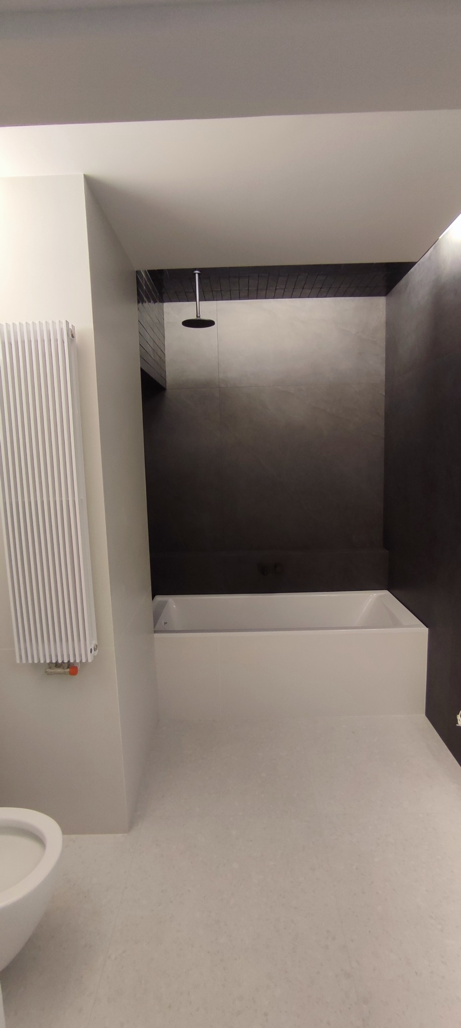 Minimalistyczna łazienka z kabiną prysznicową typu walk-in, wykończona w odcieniach szarości i bieli, z grzejnikiem drabinkowym i częściowo widoczną toaletą.