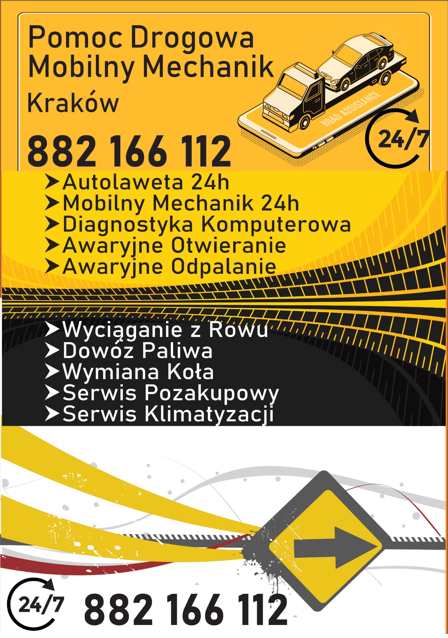 Grafika reklamowa pomocy drogowej w Krakowie, z numerem telefonu, ikoną auta na lawecie i informacją o dostępności 24/7.