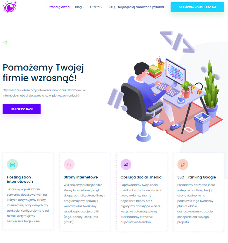 Ilustracja przedstawiająca programistę pracującego przy biurku z komputerem, na którym wyświetlany jest kod. Widoczne symbole programistyczne w tle, roślina doniczkowa, słuchawki i przybornik...