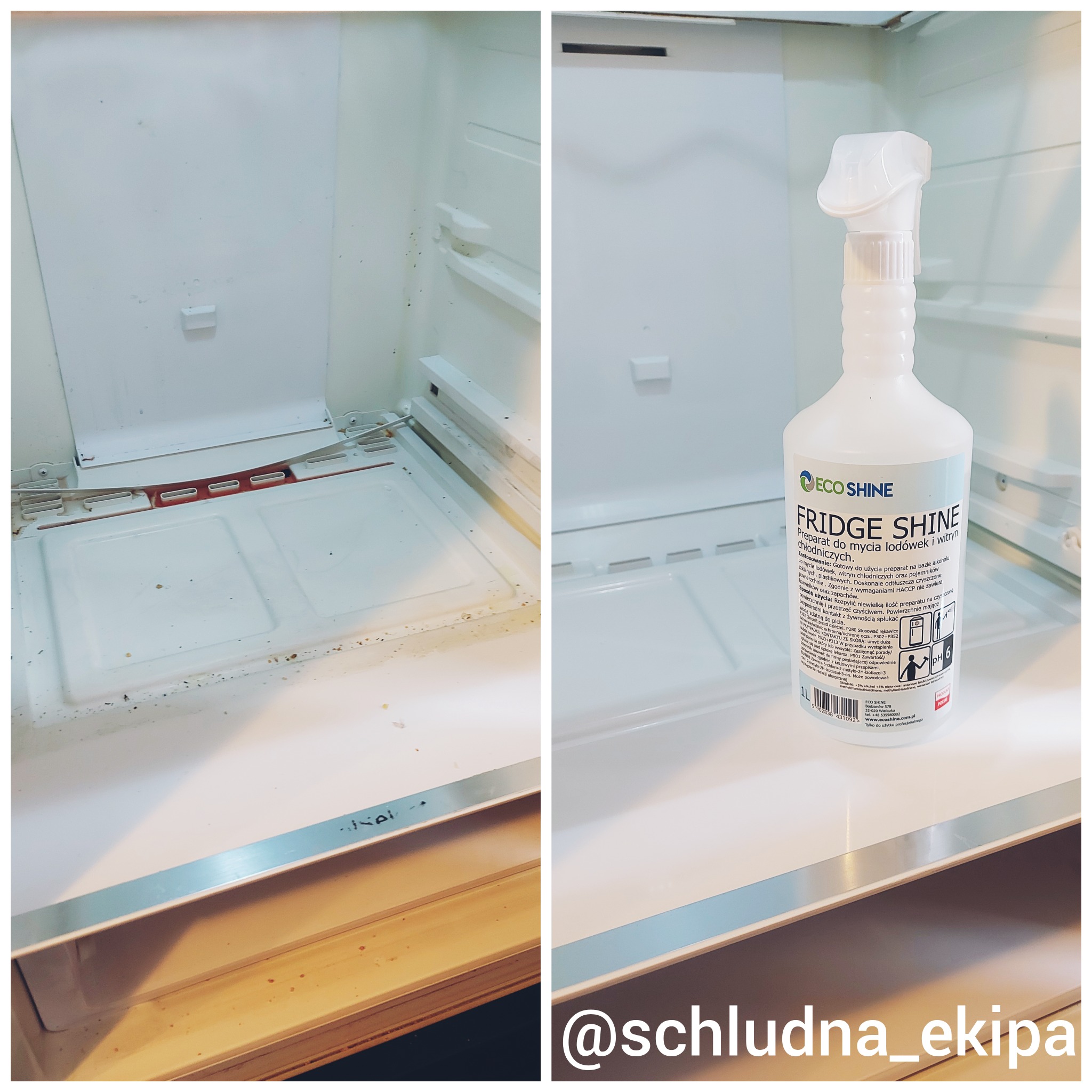 Zdjęcie prezentuje wnętrze brudnej lodówki przed czyszczeniem (po lewej) i butelkę preparatu 'Fridge Shine' do mycia lodówek (po prawej stronie kadru).