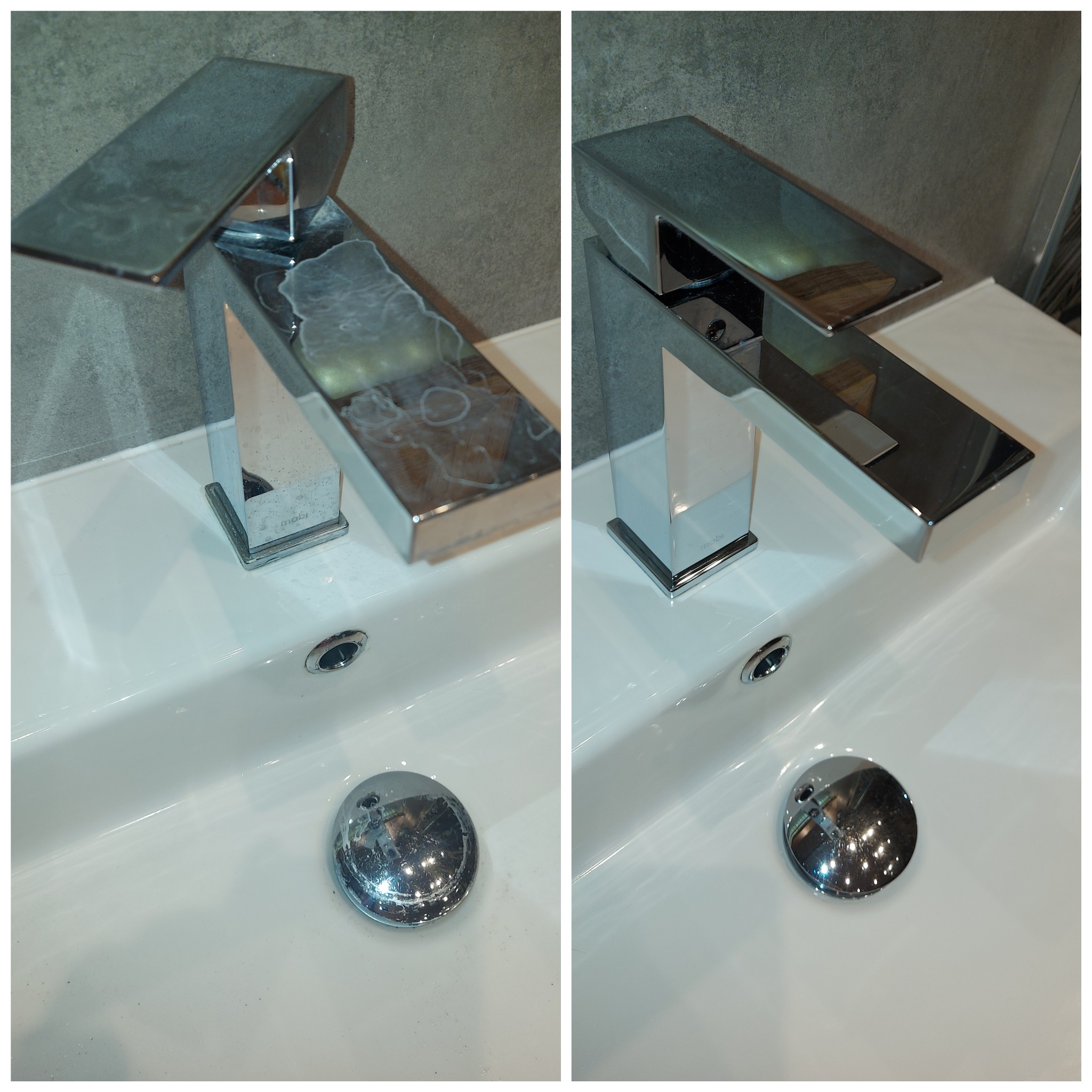 Porównanie baterii umywalkowej przed i po czyszczeniu, widoczne zacieki i osad z kamienia usunięte, armatura lśni czystością.