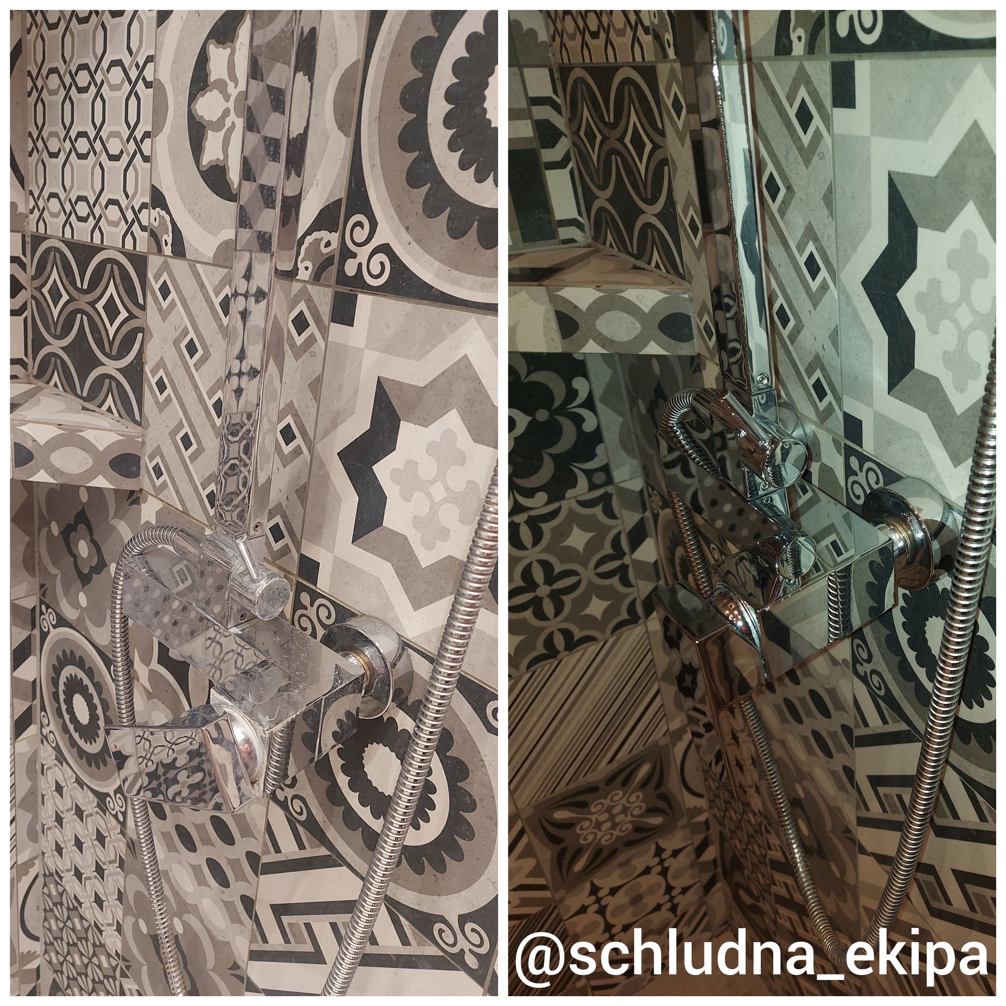 Bateria prysznicowa po czyszczeniu, widoczne krople wody na chromowanej powierzchni, tło z mozaiki w odcieniach szarości, ujęcie z bliska.