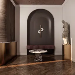 Eleganckie wnętrze z parkietem w jodełkę, marmurowym stolikiem kawowym, złotą konsolą i rzeźbą na złotym postumencie, oświetlone ciepłym światłem