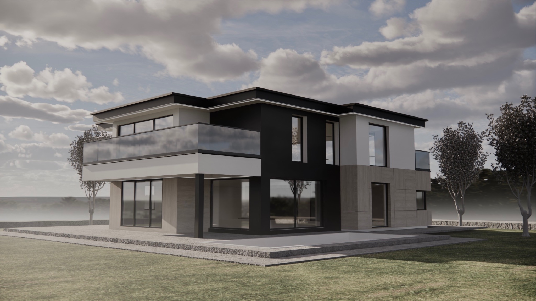Wizualizacja dwukondygnacyjnego domu z płaskim dachem, czarnymi i białymi panelami oraz szklaną balustradą balkonu, otoczonego zielonym trawnikiem i drzewami pod pochmurnym niebem.