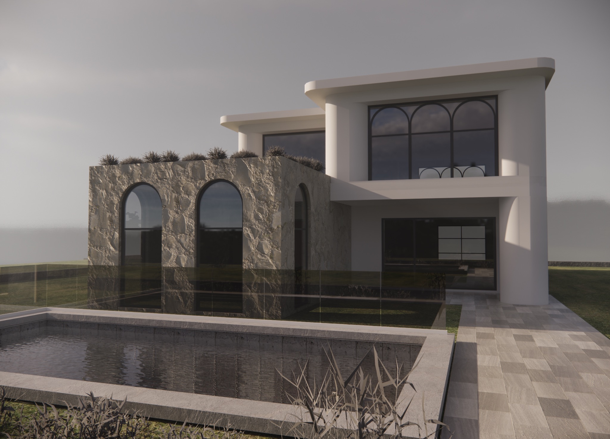 Wizualizacja dwukondygnacyjnego domu z basenem, z elementami kamiennej elewacji i dużymi oknami łukowymi, otoczonego zielenią.