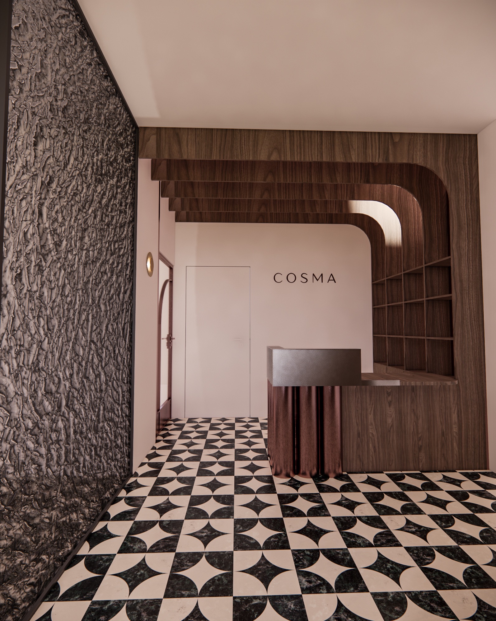 Recepcja w nowoczesnym salonie: czarno-biała podłoga w geometryczny wzór, ściana z fakturą, drewniana zabudowa z półkami i logo 'COSMA' na ścianie.