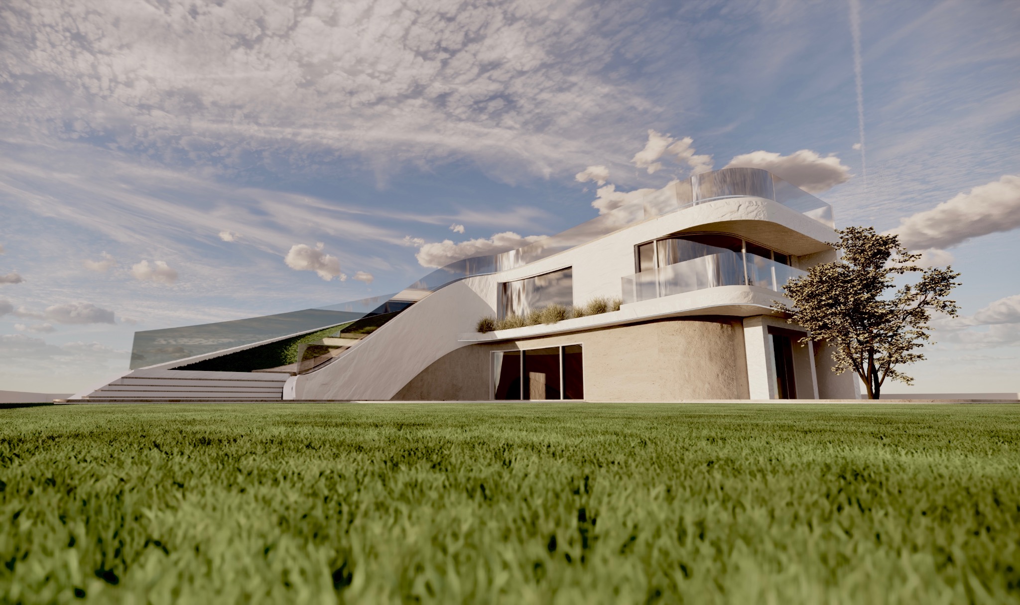 Wizualizacja nowoczesnego domu z falistym dachem pokrytym zielenią, widok z poziomu trawnika, błękitne niebo z obłokami w tle.