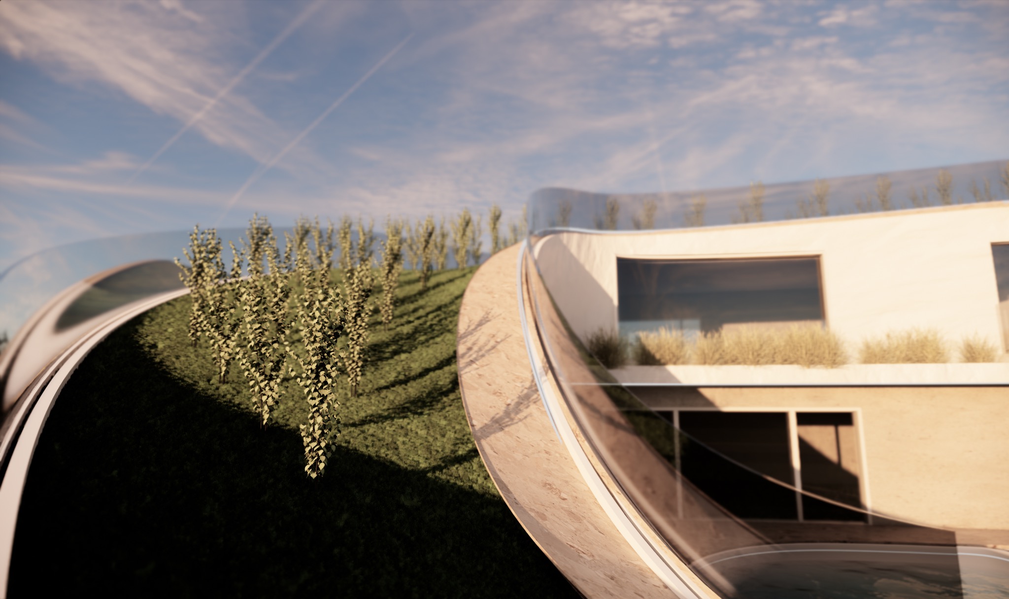 Nowoczesny dom z zielonym dachem i roślinnością na wzgórzu, widok z góry na błękitne niebo z smugami kondensacyjnymi.